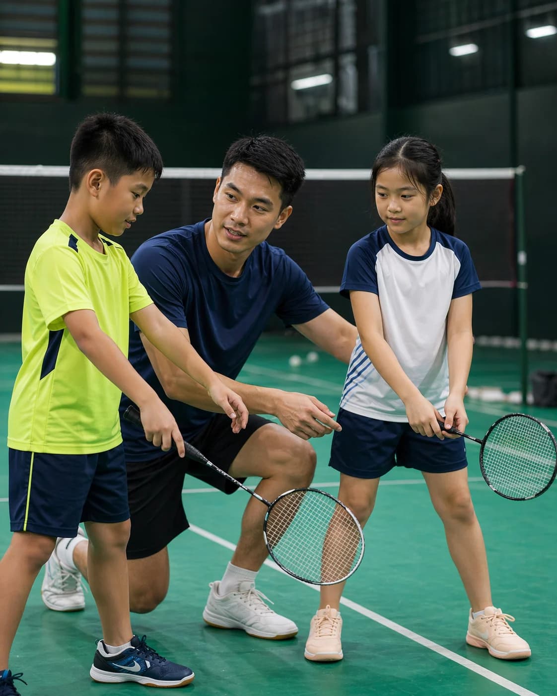 Hướng dẫn học viên nhỏ tuổi tập cầu lông với huấn luyện viên
